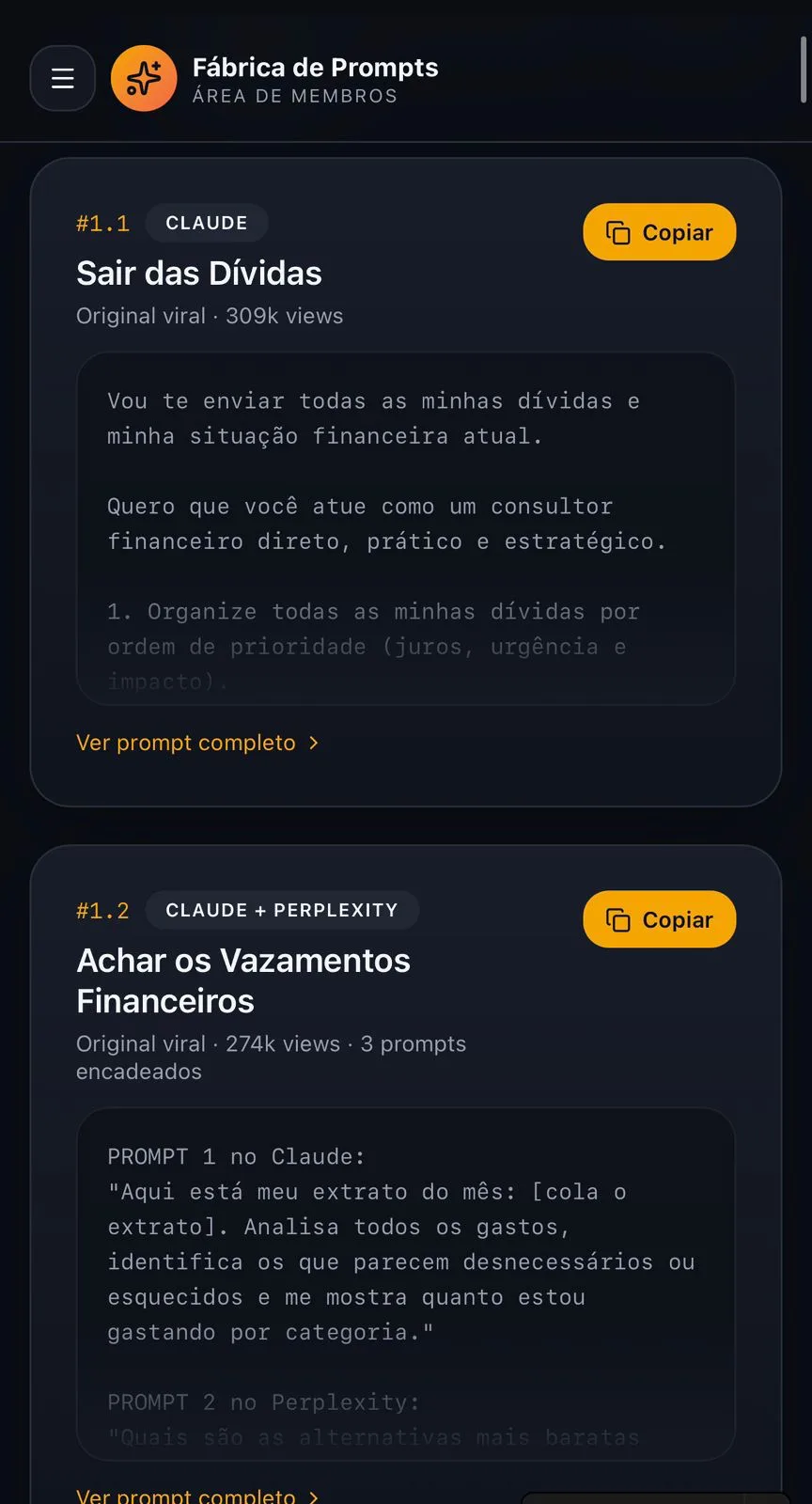 Prévia da área de membros — prompts prontos para copiar