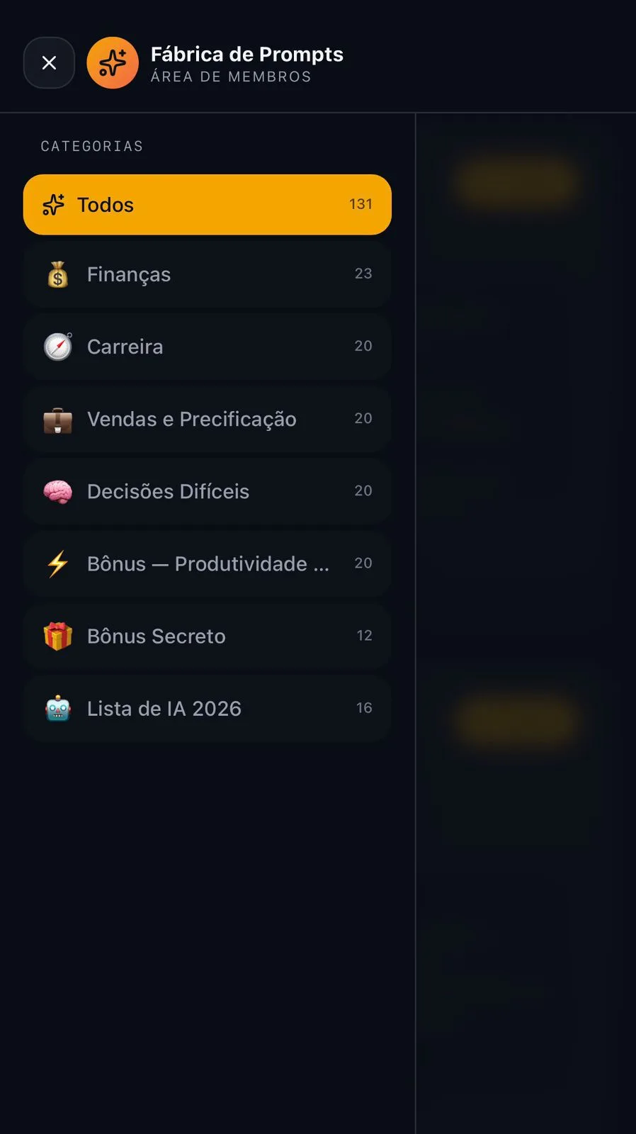 Prévia da área de membros — categorias de prompts