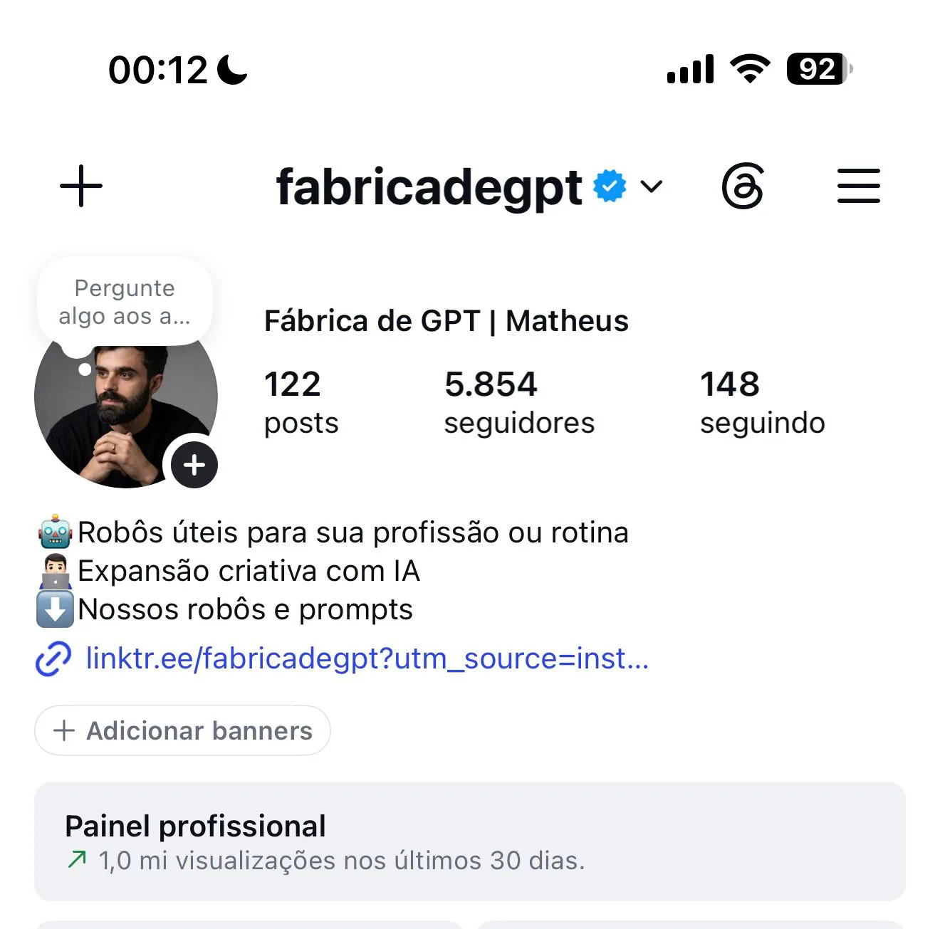 Perfil @fabricadegpt no Instagram — 5.854 seguidores, 1 milhão de visualizações em 30 dias